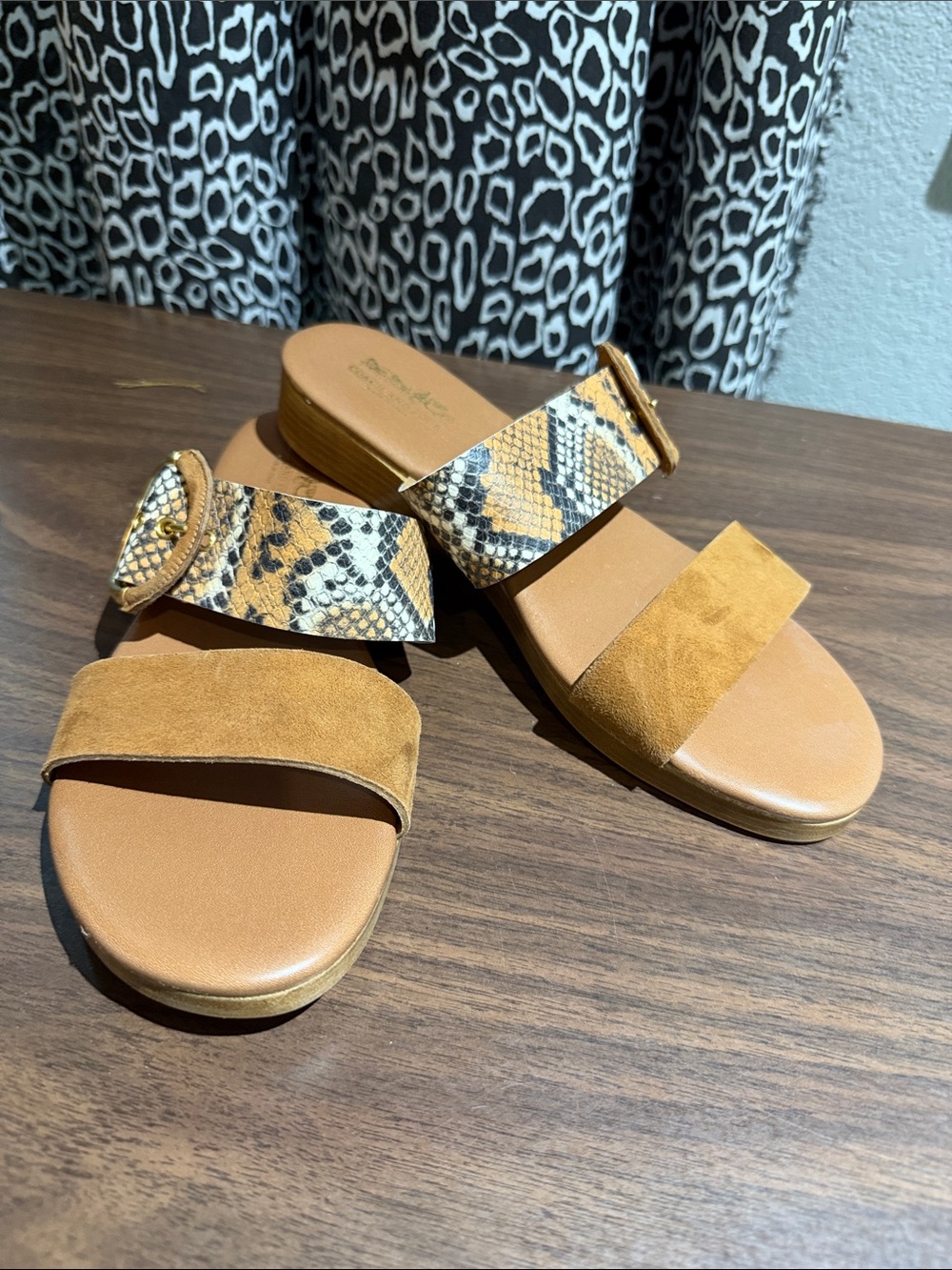 Coach and Four Tan Suede & Snake-Print Double Strap Slide Sandals